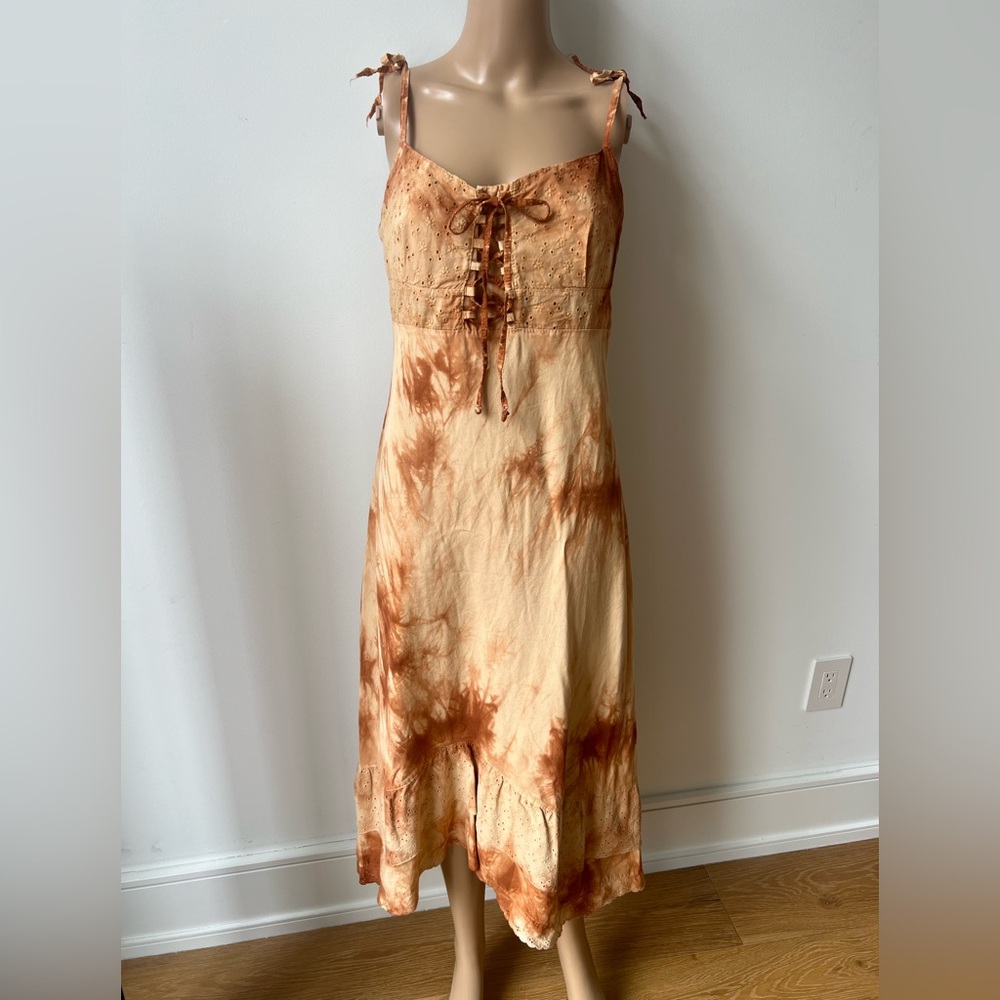 Tie-Dye Slip Dress with Lace-Up Bodice - Peachy Bronze